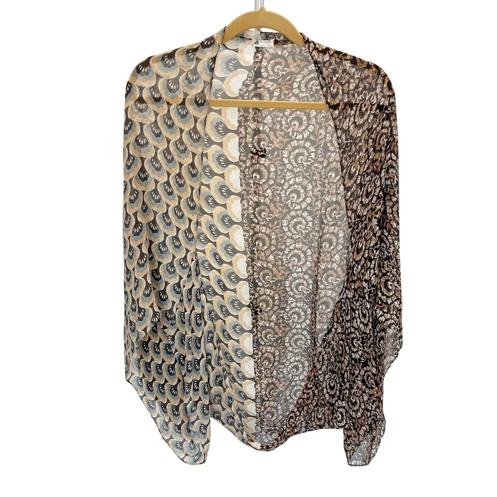 Citrus 100% Silk Mixed Print Kimono Wrap One Size Brown Tan Boho Festival